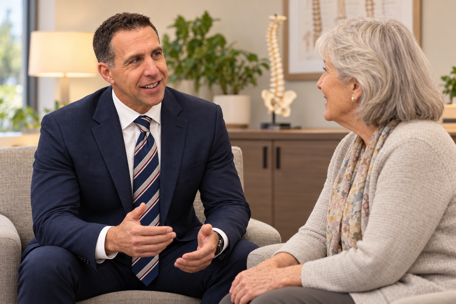 Illustrative scene of Dr. Kevin Pighetti speaking with a senior patient